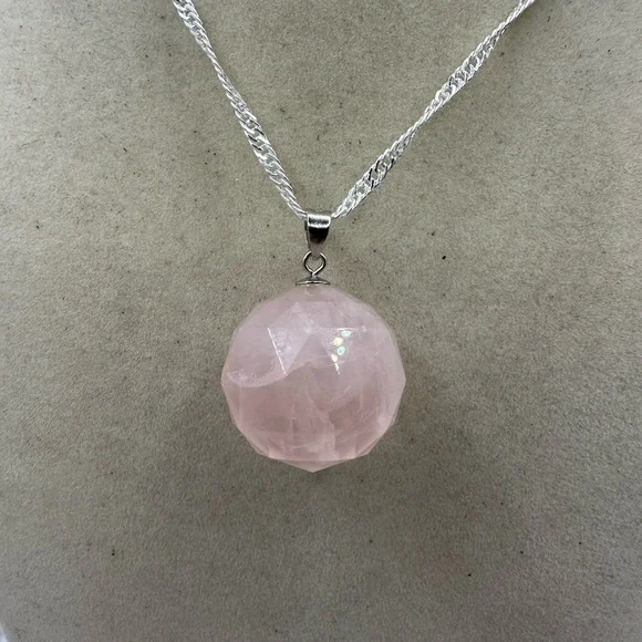 SOLD Rose Quartz 3D Round Pendant on Sterling Silver Chain - Picture 8 of 13